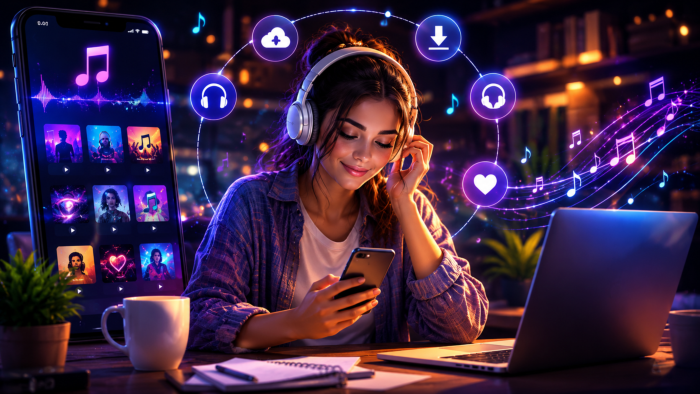 Дівчина слухає музику онлайн у навушниках зі смартфона біля ноутбука Дівчина слухає музику онлайн у навушниках зі смартфона біля ноутбука